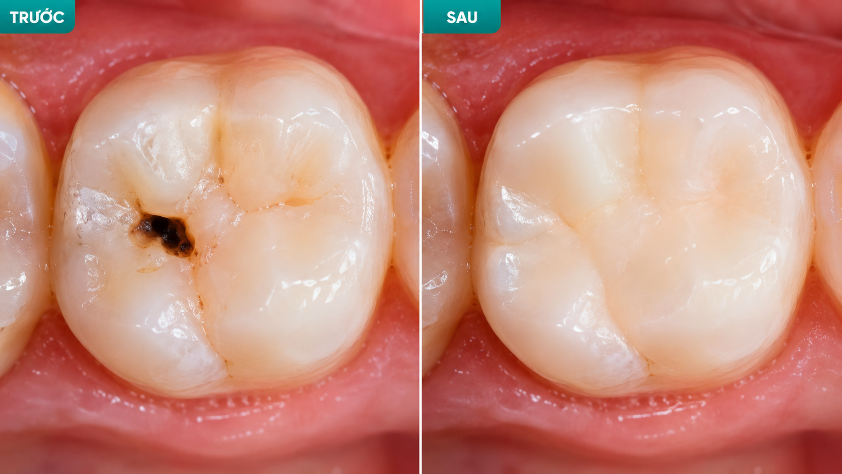 Hình ảnh trước và sau khi trám răng sâu thẩm mỹ bằng vật liệu composite