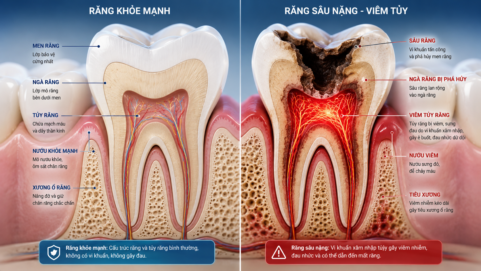 Sơ đồ vi khuẩn xâm nhập vào buồng tủy gây ra các cơn đau nhức dữ dội