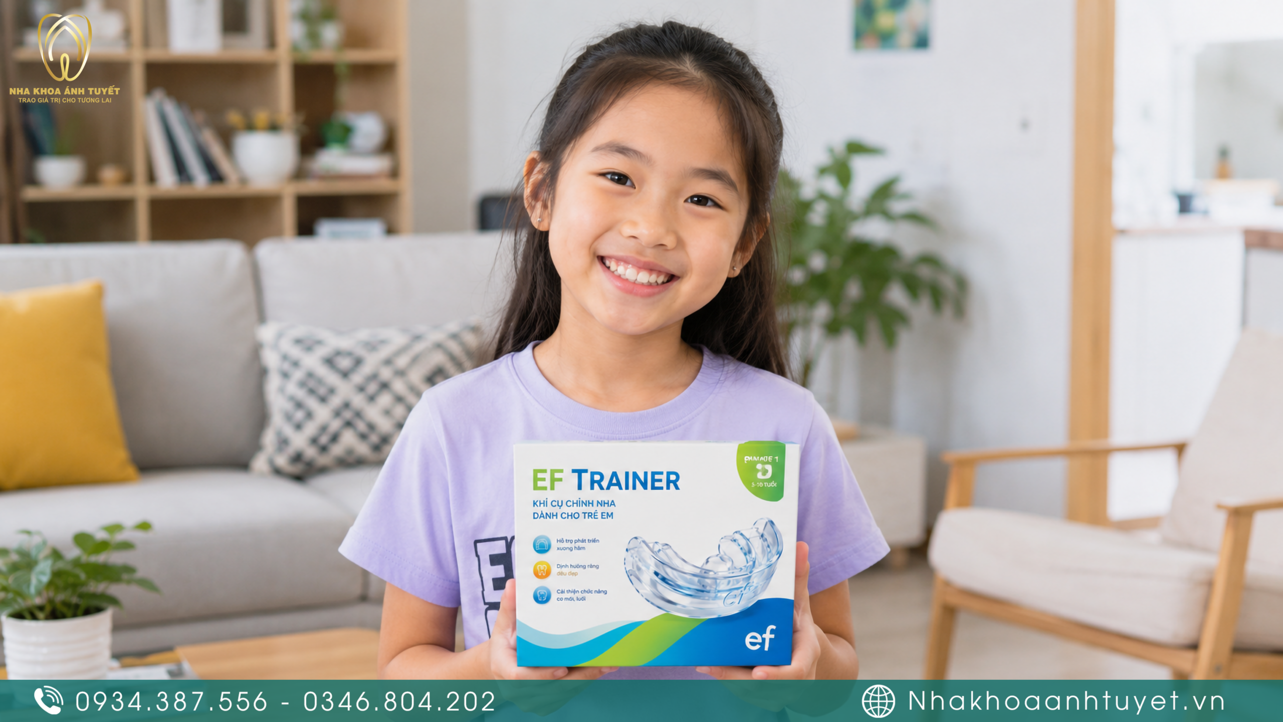 Trẻ em vui vẻ hợp tác đeo khí cụ niềng răng cho trẻ em tại nhà