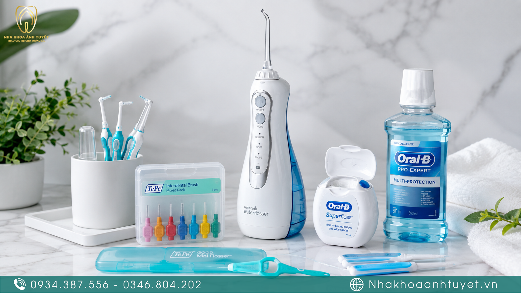 Bộ dụng cụ tăm nước và bàn chải kẽ chuyên dụng hỗ trợ bảo vệ trụ răng
