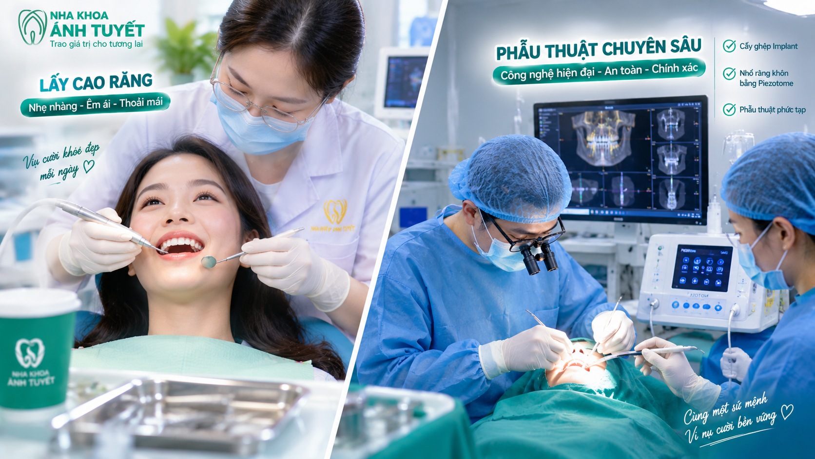 Hình ảnh đối lập giữa việc chăm sóc răng định kỳ nhẹ nhàng và điều trị biến chứng tốn kém