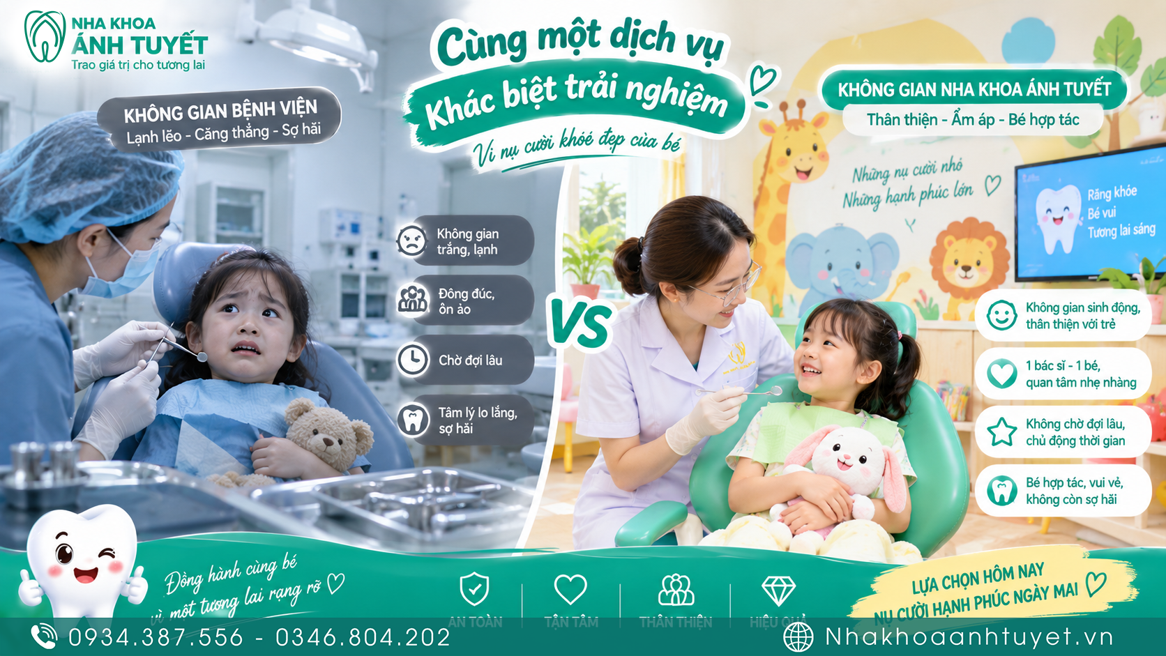 Minh họa sự đối lập giữa phòng khám răng thông thường và không gian nha khoa trẻ em thân thiện